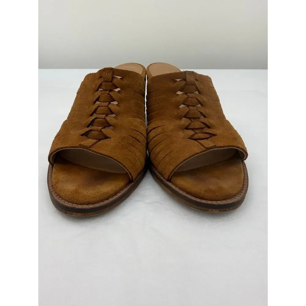 Garnet Hill Brown Suede‎ Leather Slide Sandals Chunky Heel Size 37 Boho Resort